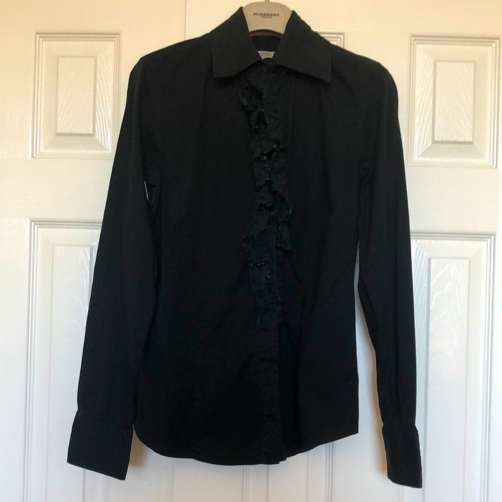 Burberry black button down shirt with ruffle detail